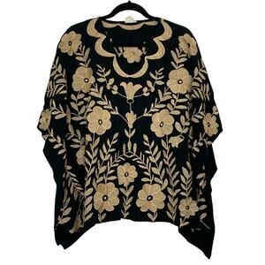 Layers boxy black blouse with gold floral embroidery women's size Small